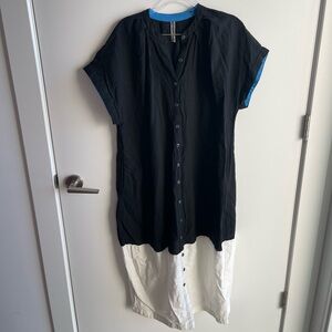 Anthropologie Black White Button-Front Colorblock Dress with Blue Trim